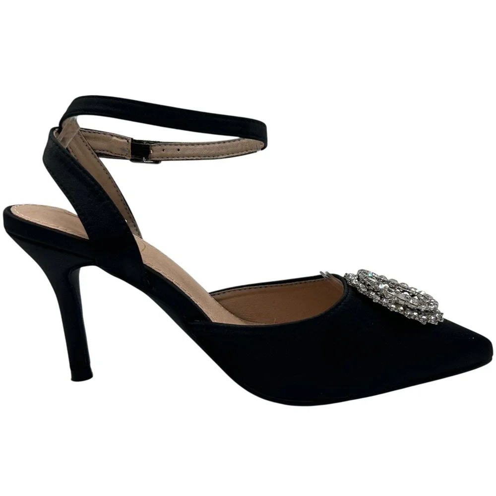 NEW‎ Allegra K Ankle Strap Heels Womens 7 Black Rhinestone Pointed Toe Pumps